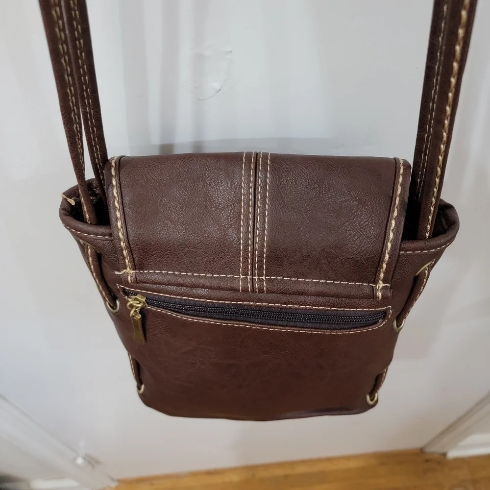 Zhi Zhou Crossbody Bag Flap Top Brown with Contrast Stitching